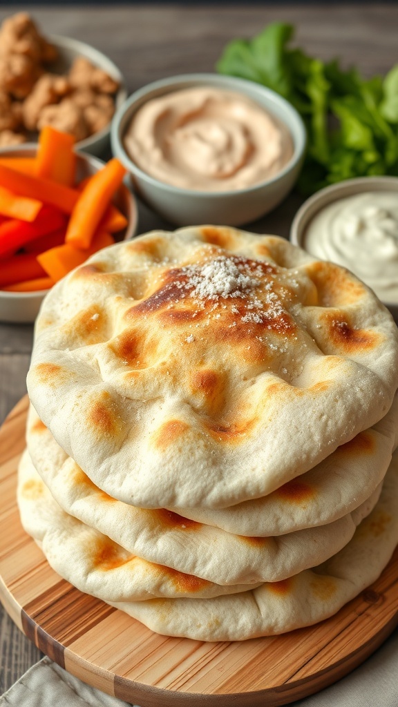 Freshly baked pita bread stacked on a wooden board with dips and vegetables in the background.